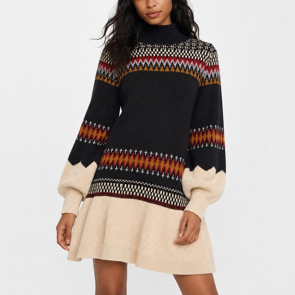 Anthropologie Bubble-Sleeve Turtleneck Sweater Dress M Black Fair Isle Boho Cozy